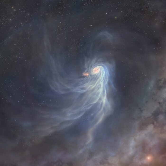 Impresión artística de las protoestrellas triples, IRAS 04239+2436. Crédito: ALMA (ESO/NAOJ/NRAO)