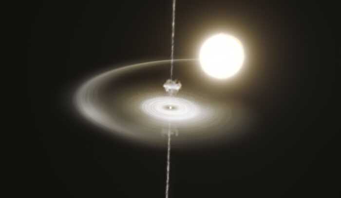 Esta reproducción artística muestra al púlsar PSR J1023 + 0038 robando gas de su estrella compañera. Este gas se acumula en un disco alrededor del púlsar, cae lentamente hacia él y finalmente es expulsado en forma de chorro estrecho. Además, hay un viento de partículas que emana del púlsar hacia afuera, representado aquí por una nube de puntos muy pequeños. Este viento choca con el gas que cae, calentándolo y haciendo que el sistema brille intensamente en rayos X y luz ultravioleta y visible. Finalmente, a través del chorro se expulsan masas de este gas caliente y el púlsar vuelve al estado inicial, más débil, repitiendo el ciclo. Se ha observado que este púlsar cambia constantemente entre estos dos estados cada pocos segundos o minutos. Crédito: ESO/M. Kornmesser