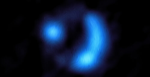 The ALMA image of the gravitationally lensed galaxy 9io9 with overlays indicating the presence of the magnetic fields.  Credit: ALMA (ESO/NAOJ/NRAO)/J. Geach et al.