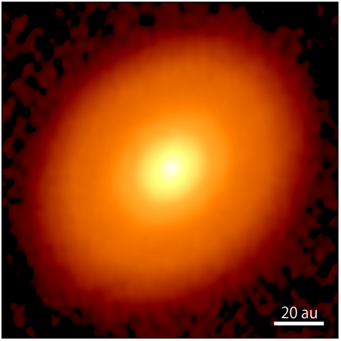 High-resolution ALMA imagery of the protoplanetary disk surrounding DG Taurus at a 1.3 mm wavelength. The smooth appearance, absent of ring-like structures, indicates a phase shortly preceding planet formation. Credit: ALMA (ESO/NAOJ/NRAO), S. Ohashi, et al.