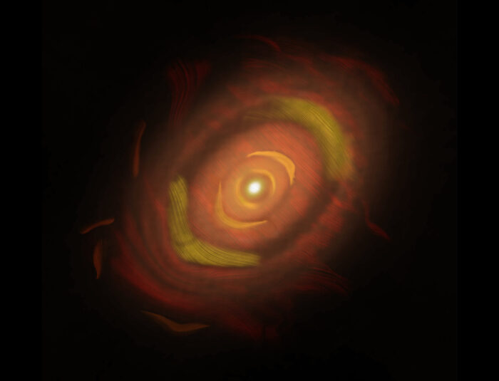 Rings of dust surrounding HL Tauri, with line patterns showing the orientation of polarized light. A new paper published by Stephens, et al., using ALMA, provides the deepest dust polarization image of any protoplanetary disk captured thus far, revealing details about the dust grains in the disk. Credit: NSF/AUI/NRAO/B. Saxton/Stephens et al.