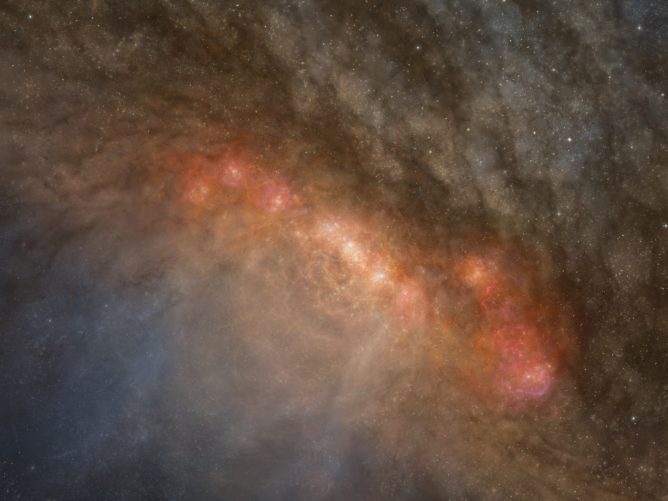 Impresión artística del centro de la galaxia con estallido estelar, NGC 253. Crédito: ALMA (ESO/NAOJ/NRAO)