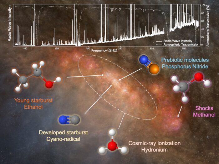 (Top) Spectra from the ALCHEMI survey. (Bottom) A schematic image of the center of the starburst galaxy, NGC 253, describing locations where various tracer molecular species are enhanced according to the ALCHEMI survey. Credit: ALMA (ESO/NAOJ/NRAO), N. Harada et al.