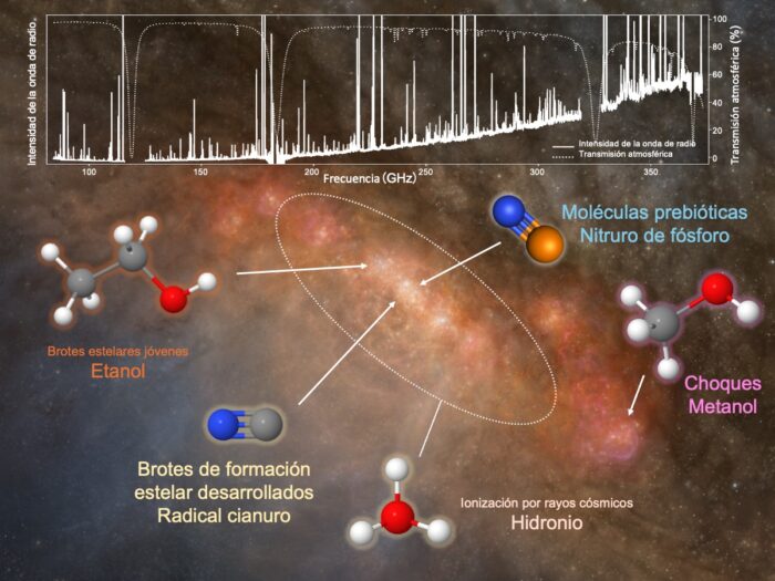 (Arriba) Espectros del estudio ALCHEMI. (Abajo) Una imagen esquemática del centro de la galaxia con estallido estelar, NGC 253, que describe los lugares donde se mejoran varias especies de moléculas trazadoras según el estudio ALCHEMI. Crédito: ALMA (ESO/NAOJ/NRAO), N. Harada et al.