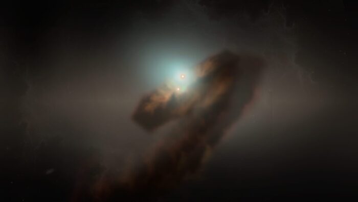 Zoom into the FU Ori binary system and the newly discovered accretion streamer. This artist's impression shows the newly discovered streamer constantly feeding mass from the envelope into the binary system. Image credit: NSF/NRAO/S. Dagnello