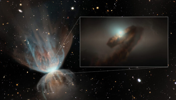 Artist's impression of the large-scale view of FU~Ori. The image shows the outflows produced by the interaction between strong stellar winds powered by the outburst and the remnant envelope from which the star formed. The stellar wind drives a strong shock into the envelope, and the CO gas swept up by the shock is what the new ALMA revealed. Image credit: NSF/NRAO/S. Dagnello
