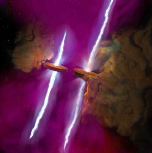 The combined ALMA/JWST image of the twin jets and accretion discs in WL20. Credit: U.S. NSF/ NSF NRAO/B. Saxton.; NASA/JPL-Caltech/Harvard-Smithsonian CfA.