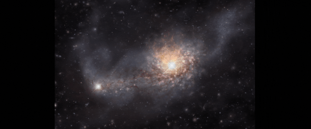 Galaxias danzantes forman un monstruo en el amanecer cósmico