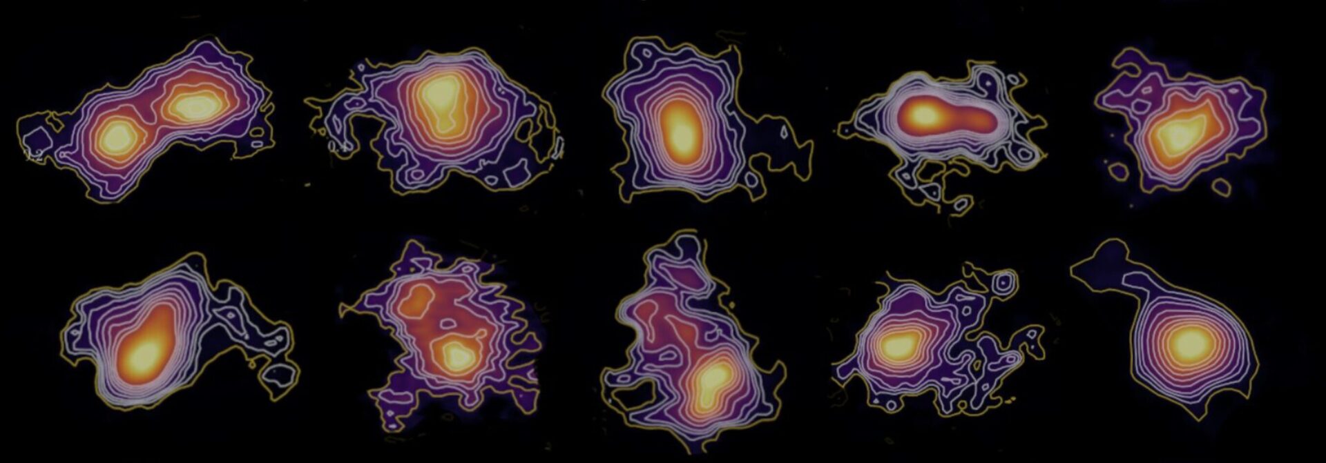 Images of [CII] emission from 4 < z < 6 galaxies observed by the CRISTAL survey.  Credit: ALMA (ESO/NAOJ/NRAO) / HST / JWST / R. Herrera-Camus.
