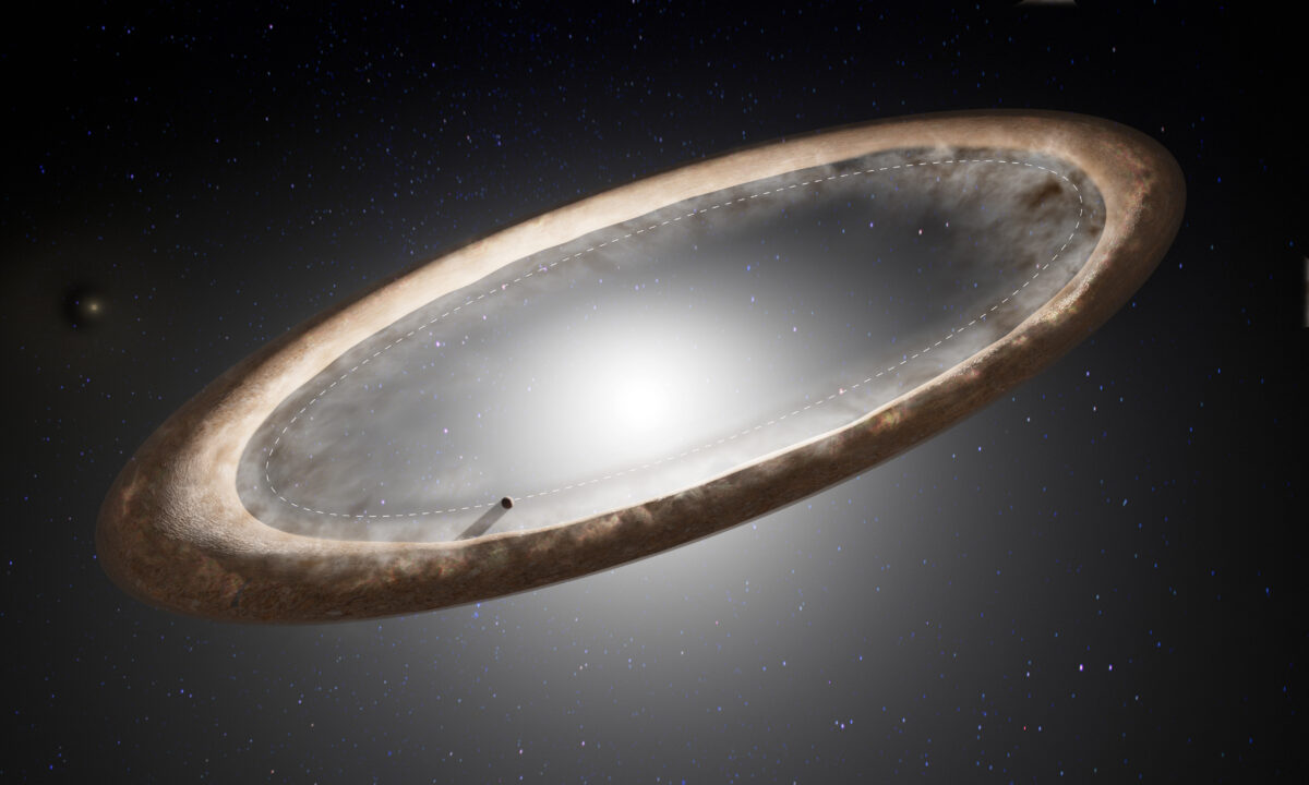 Anillo deformado de una estrella vecina moldeado por planetas en evolución