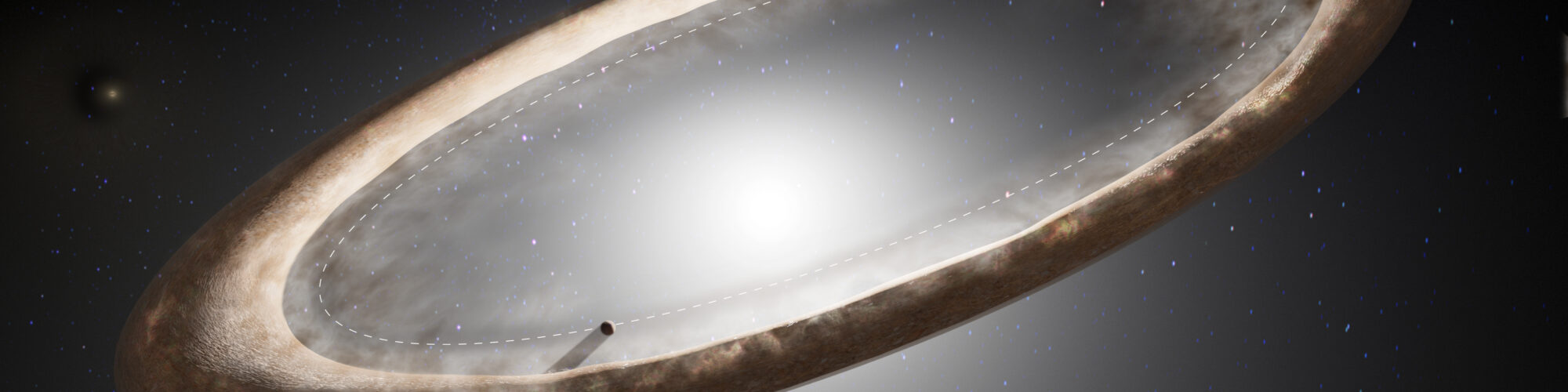 Anillo deformado de una estrella vecina moldeado por planetas en evolución