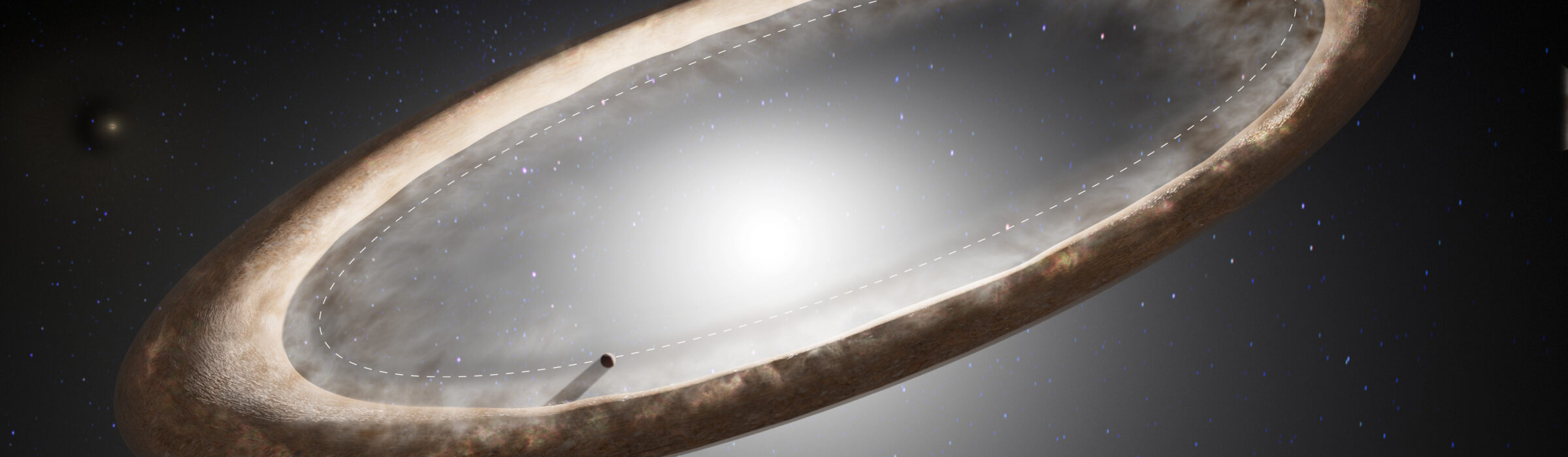 Anillo deformado de una estrella vecina moldeado por planetas en evolución